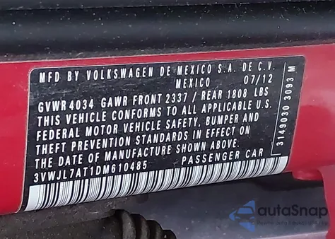 2013 Volkswagen Beetle 2.0L Tdi z USA, uszkodzony, nr VIN 3VWJL7AT1DM610485